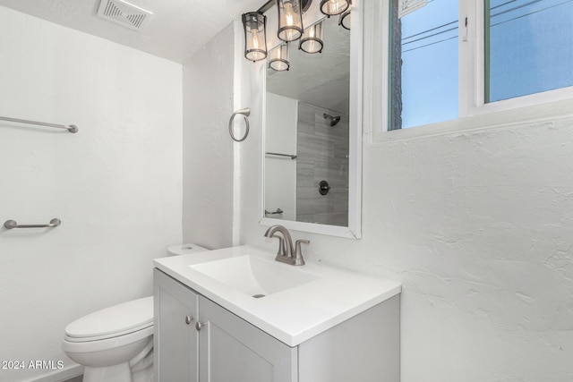 bathroom with vanity, toilet, and walk in shower