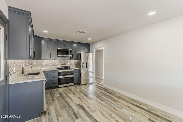 662 W Elena Ave, Mesa, AZ 85210 - kitchen featuring stainless steel appliances, a sink, decorative backsplash, baseboards, and light wood finished floors