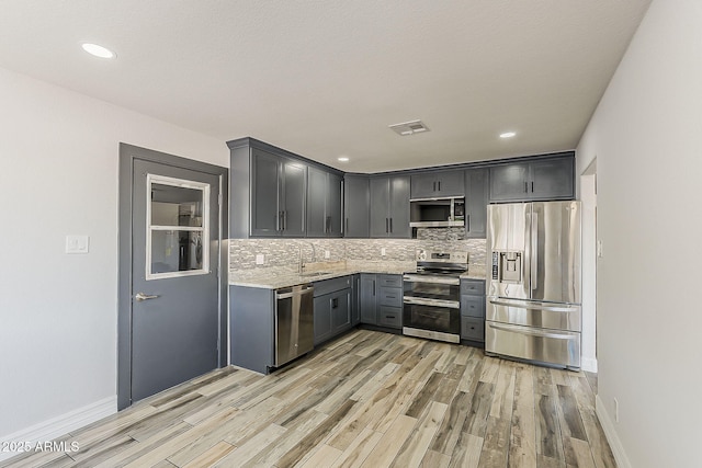 662 W Elena Ave, Mesa, AZ 85210 - kitchen with stainless steel appliances, light wood-type flooring, backsplash, baseboards, and recessed lighting
