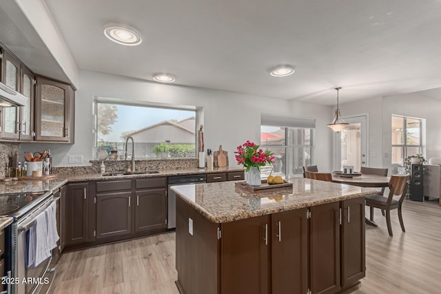 kitchen featuring dark brown cabinetry, sink, hanging light fixtures, light wood-type flooring, and stainless steel appliances