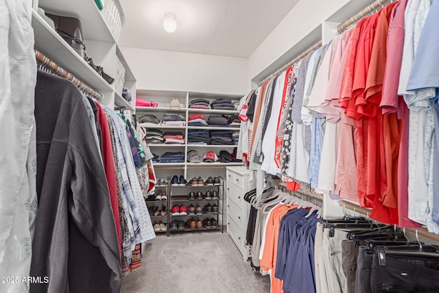 walk in closet featuring light carpet