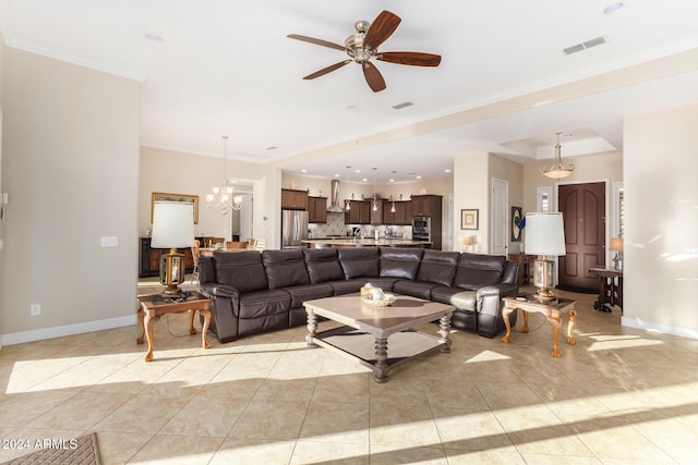 living room with light tile patterned flooring, ceiling fan with notable chandelier, and crown molding