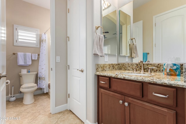 full bathroom with tile patterned flooring, vanity, toilet, and shower / bathtub combination with curtain