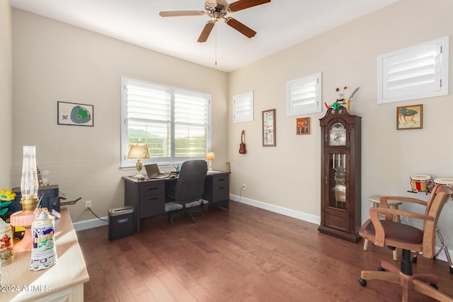 office area with dark hardwood / wood-style flooring and ceiling fan