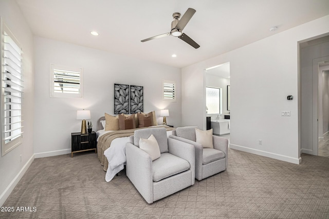 3822 E Canyon Pl, Chandler, AZ 85249 - bedroom featuring light carpet, multiple windows, connected bathroom, and recessed lighting
