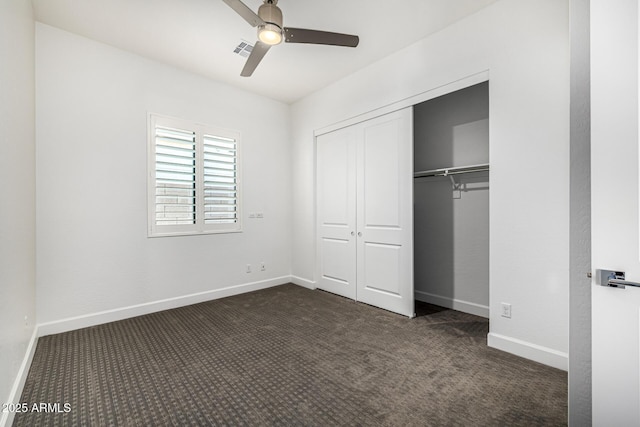 3822 E Canyon Pl, Chandler, AZ 85249 - unfurnished bedroom featuring dark colored carpet, a closet, and ceiling fan