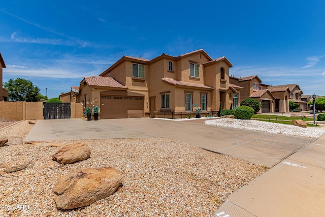 84 E Joseph Way, Gilbert, AZ 85295 - mediterranean / spanish home with stucco siding, a gate, a tile roof, driveway, and a residential view