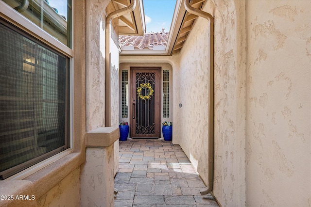 view of exterior entry with stucco siding