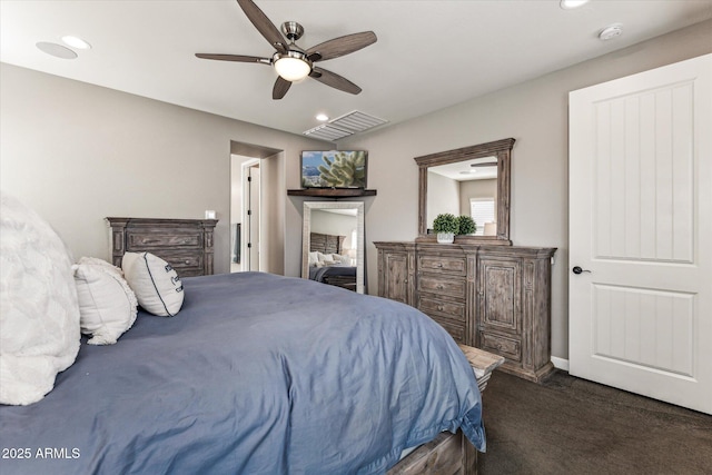 bedroom with visible vents, dark carpet, a ceiling fan, and recessed lighting