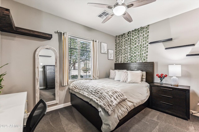 bedroom with a ceiling fan, visible vents, dark carpet, and baseboards