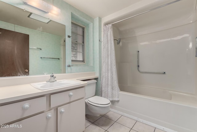 bathroom with tile patterned flooring, toilet, vanity, and shower / bath combo with shower curtain