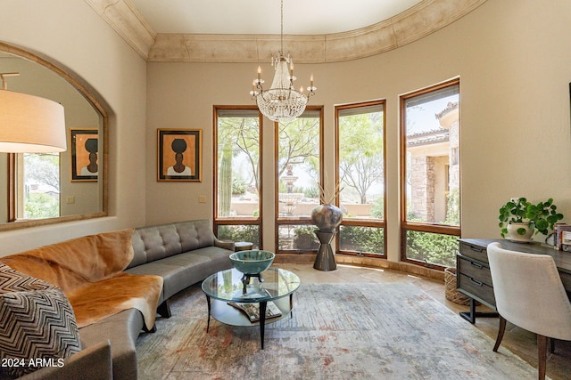 living room with an inviting chandelier and tile patterned flooring