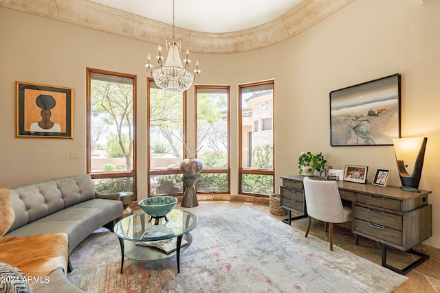 office featuring an inviting chandelier