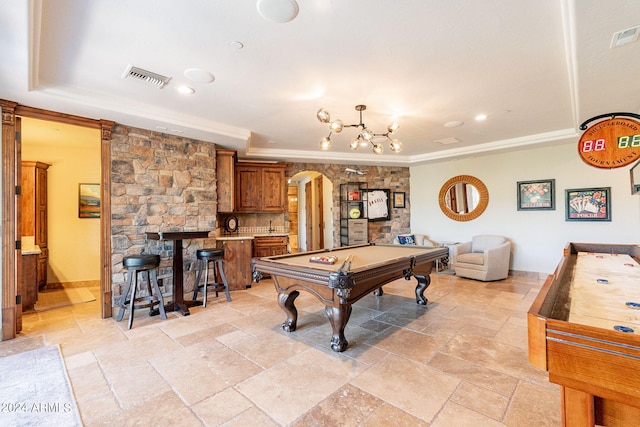 rec room with crown molding and pool table