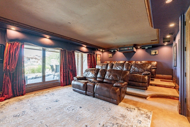 home theater room featuring ornamental molding and a textured ceiling