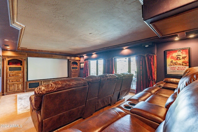 cinema room featuring a textured ceiling, ornamental molding, and light carpet