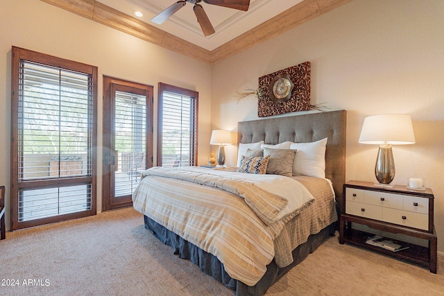 carpeted bedroom featuring access to outside and ceiling fan