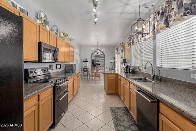 10566 E Bogart Ave, Mesa, AZ 85208 - kitchen featuring black appliances, a chandelier, a sink, light tile patterned flooring, and hanging light fixtures
