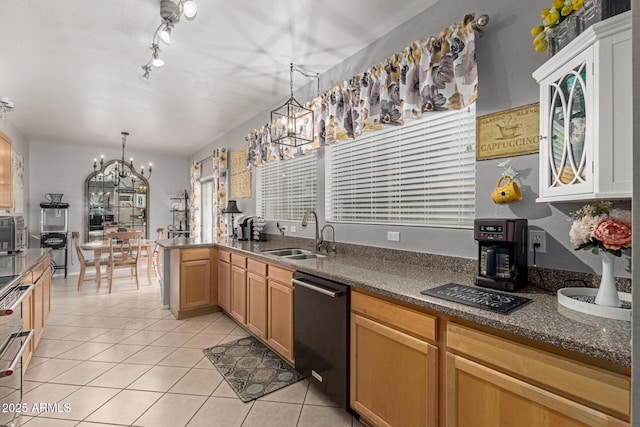 10566 E Bogart Ave, Mesa, AZ 85208 - kitchen with dishwashing machine, a sink, a chandelier, light tile patterned floors, and decorative light fixtures
