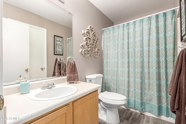 10566 E Bogart Ave, Mesa, AZ 85208 - bathroom with toilet, vanity, wood finished floors, and curtained shower
