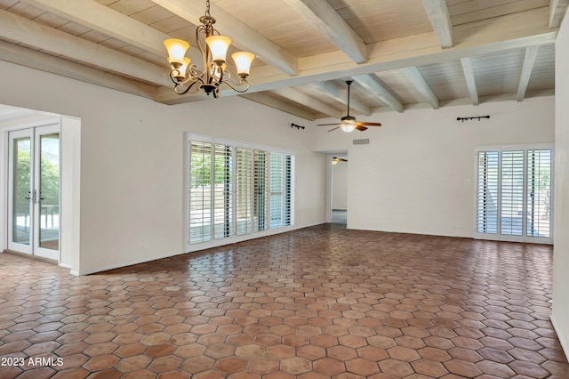 unfurnished living room featuring wood ceiling, a healthy amount of sunlight, beam ceiling, and ceiling fan with notable chandelier