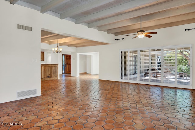 unfurnished living room with beamed ceiling, ceiling fan with notable chandelier, and wood ceiling