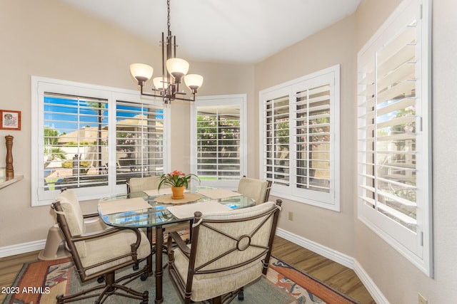 dining area with wood-type flooring, a chandelier, and a wealth of natural light