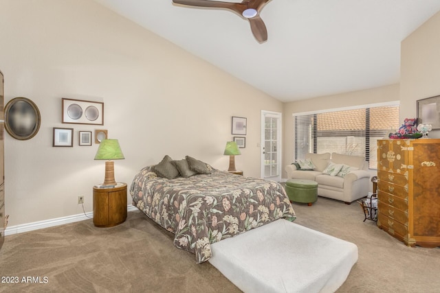 bedroom with lofted ceiling, carpet flooring, and ceiling fan