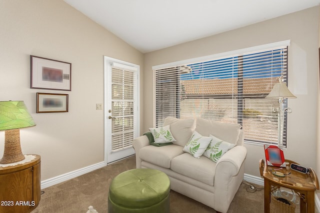 living area with lofted ceiling and carpet flooring