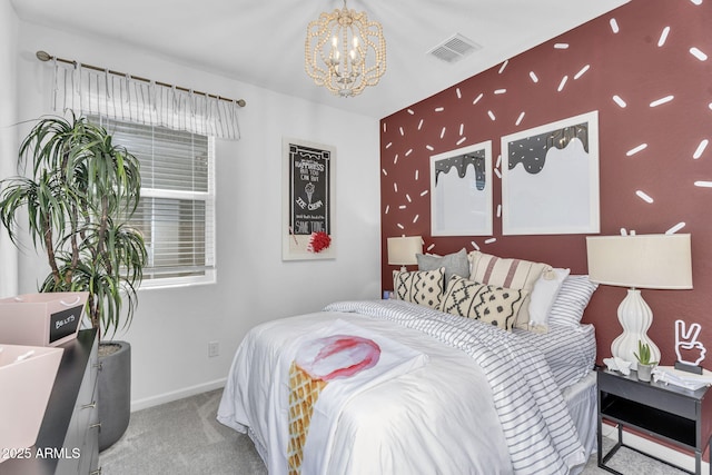 3309 E Malibu Dr, San Tan Valley, AZ 85143 - bedroom featuring visible vents, baseboards, an inviting chandelier, multiple windows, and carpet flooring