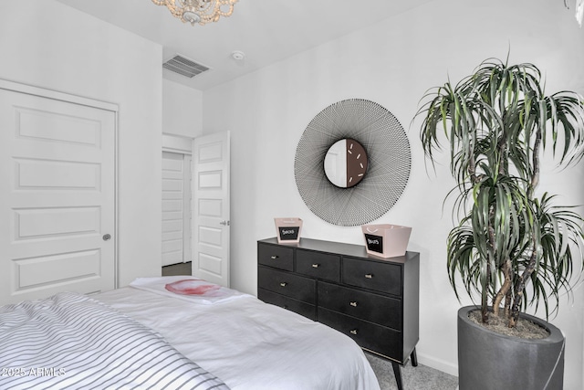 3309 E Malibu Dr, San Tan Valley, AZ 85143 - bedroom featuring visible vents, baseboards, carpet flooring, and an inviting chandelier