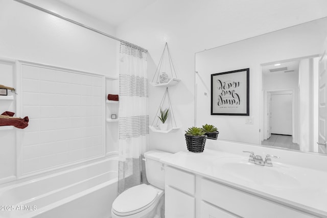 3309 E Malibu Dr, San Tan Valley, AZ 85143 - bathroom featuring shower / bathtub combination with curtain, vanity, visible vents, and toilet