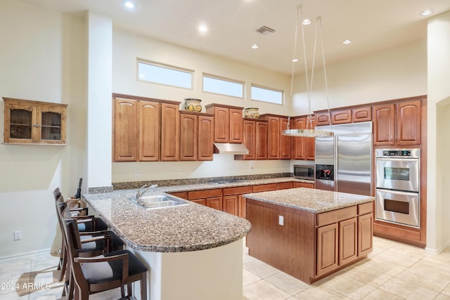 kitchen with a high ceiling, sink, a kitchen island, a breakfast bar area, and stainless steel appliances