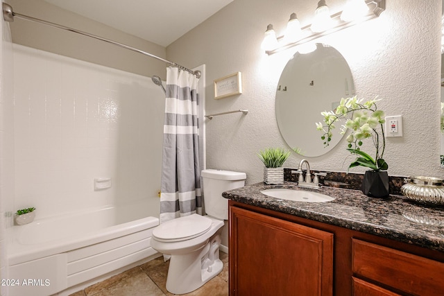 full bathroom with tile patterned flooring, vanity, shower / tub combo with curtain, and toilet