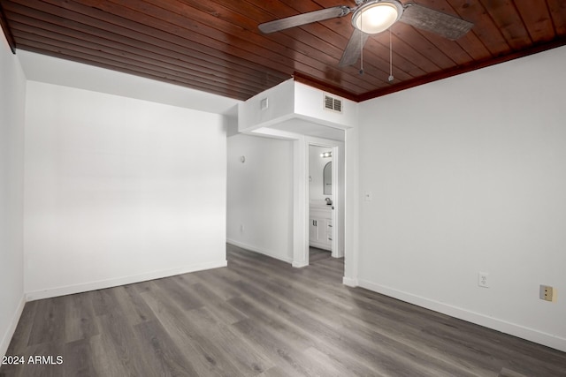 unfurnished room with ceiling fan, wooden ceiling, and dark hardwood / wood-style floors