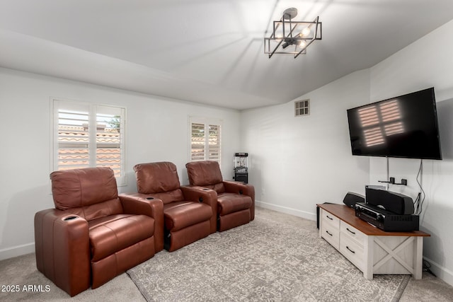 9100 E Captain Dreyfus Ave, Scottsdale, AZ 85260 - home theater room featuring light colored carpet, baseboards, and lofted ceiling