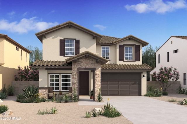 mediterranean / spanish-style house featuring a tiled roof, stone siding, stucco siding, and driveway
