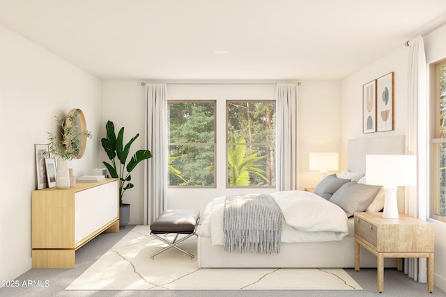 bedroom featuring light carpet