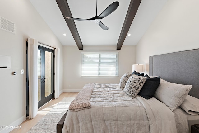 bedroom with lofted ceiling with beams, access to outside, ceiling fan, light hardwood / wood-style floors, and french doors