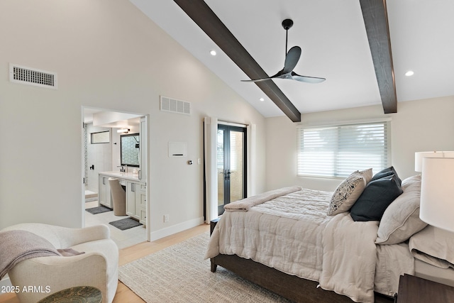 bedroom with ceiling fan, high vaulted ceiling, beam ceiling, and light hardwood / wood-style floors