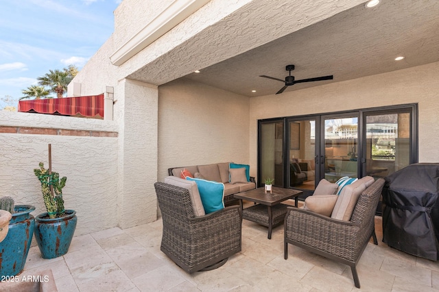 view of patio with a grill, an outdoor hangout area, and ceiling fan