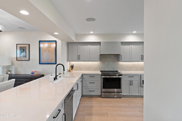 kitchen featuring sink, light hardwood / wood-style flooring, gray cabinets, stainless steel appliances, and decorative backsplash