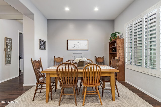 2045 E San Carlos Pl, Chandler, AZ 85249 - dining space featuring baseboards, wood finished floors, and recessed lighting