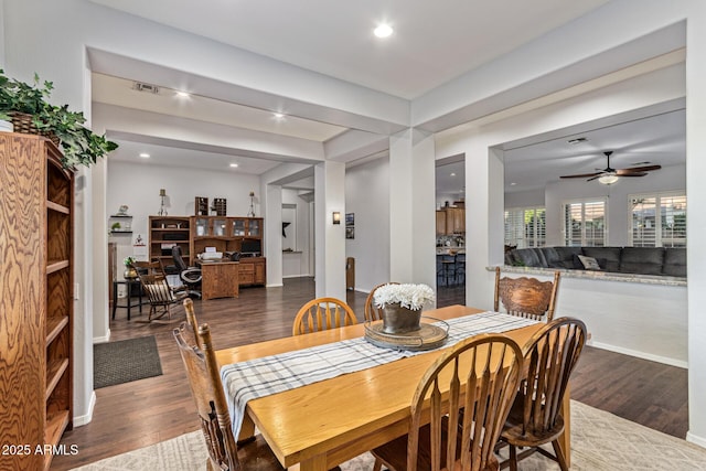 2045 E San Carlos Pl, Chandler, AZ 85249 - dining space with wood finished floors, a ceiling fan, recessed lighting, and baseboards