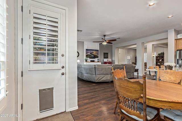 2045 E San Carlos Pl, Chandler, AZ 85249 - dining space featuring ceiling fan, dark wood-style floors, and recessed lighting