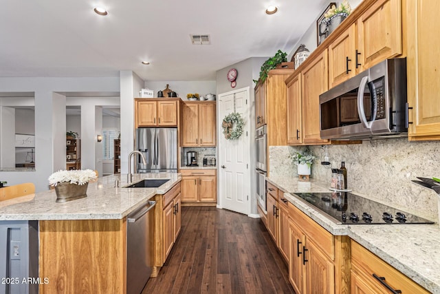 2045 E San Carlos Pl, Chandler, AZ 85249 - kitchen featuring appliances with stainless steel finishes, a sink, an island with sink, dark wood-style flooring, and light stone counters