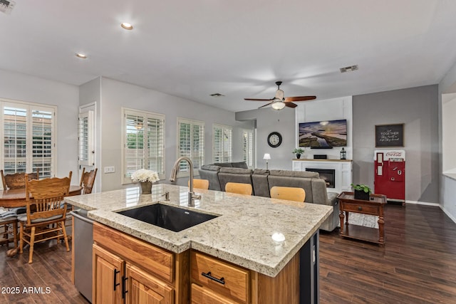 2045 E San Carlos Pl, Chandler, AZ 85249 - kitchen with a sink, a ceiling fan, dark wood-style floors, stainless steel dishwasher, and light stone counters