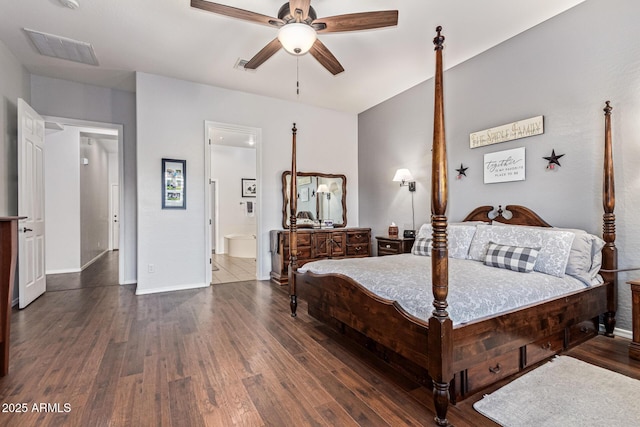 2045 E San Carlos Pl, Chandler, AZ 85249 - bedroom with wood finished floors, ensuite bathroom, and a ceiling fan