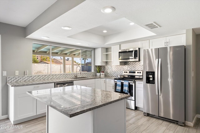 kitchen featuring white cabinetry, sink, a kitchen island, and appliances with stainless steel finishes