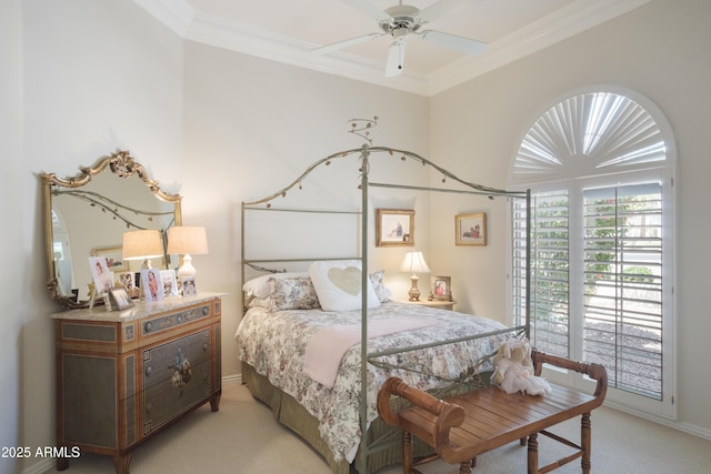bedroom featuring ornamental molding, multiple windows, and light carpet
